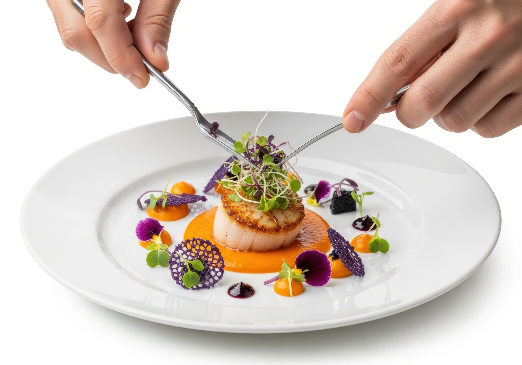 Grande scatto chef impiatta piatto contemporaneo